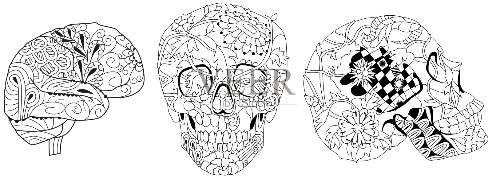 风格化的禅绕画大脑和骷髅。手绘装饰性矢量插图,供着色使用。插画图片素材