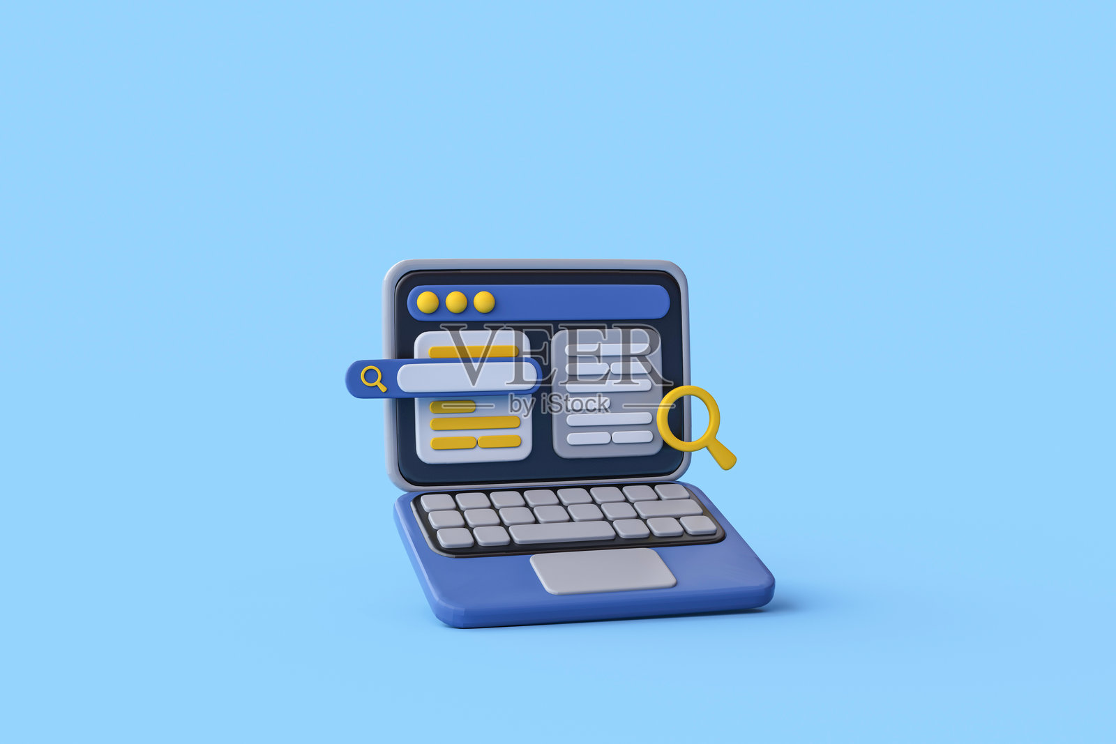 3D渲染的笔记本电脑与放大镜搜索,商务办公室概念。照片摄影图片