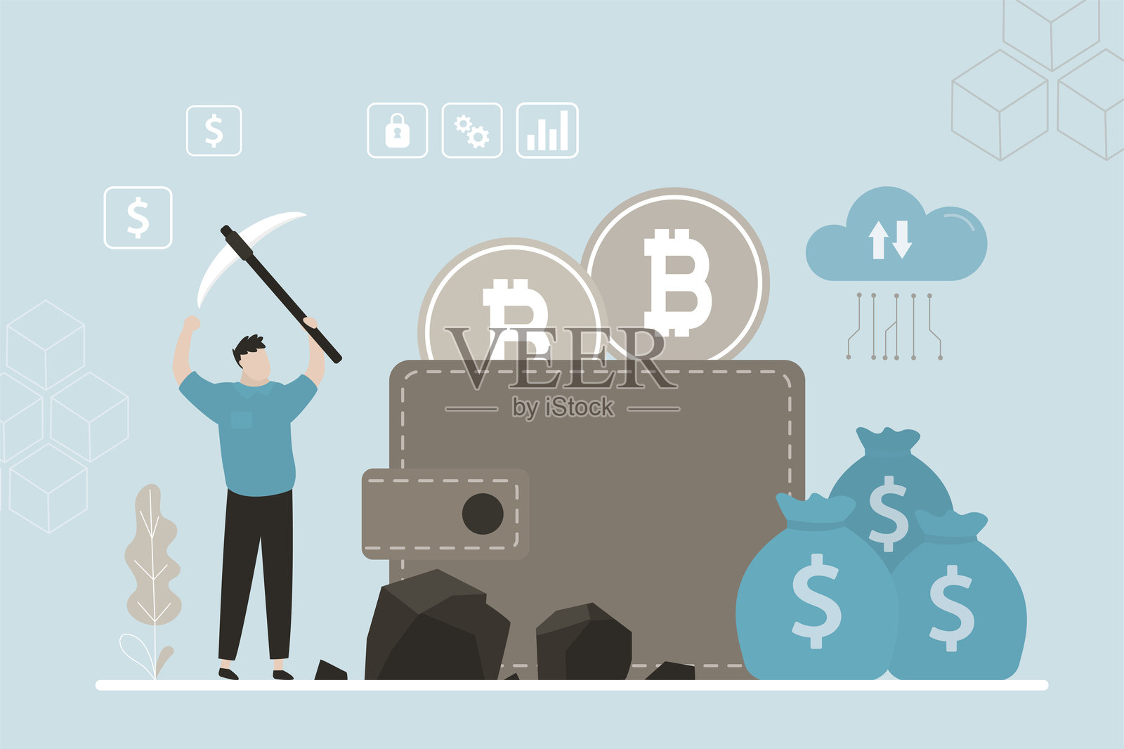 挖掘比特币,收集数字钱包中的资金。商人交易者使用镐子从石头中获取比特币。矿工提取加密货币。比特币或加密货币挖矿。插画图片素材