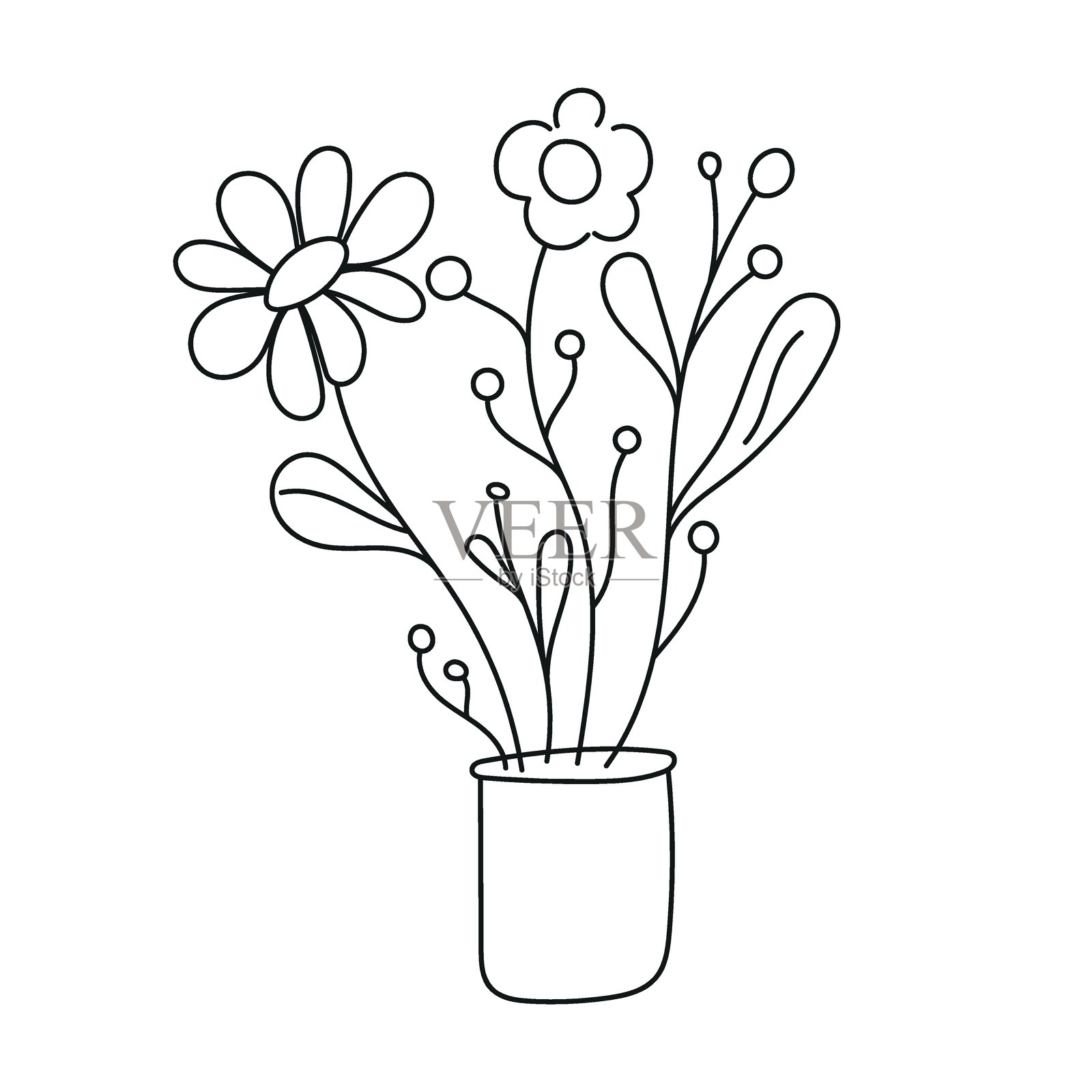 黑白花卉线条画,简约风格的花朵在花盆中,手绘植物插图。插画图片素材