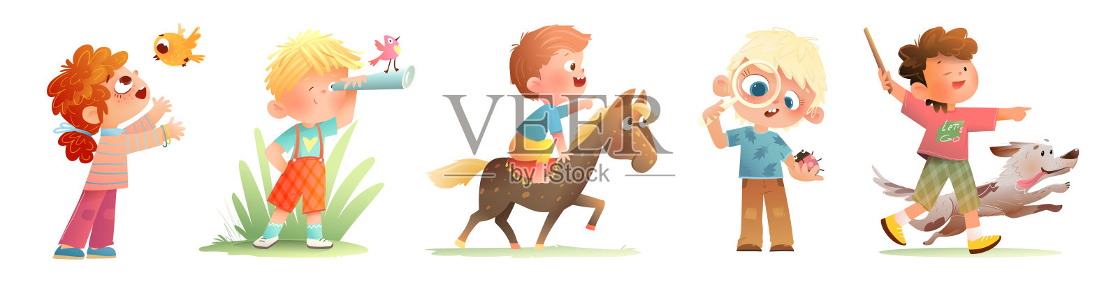 男孩女孩们在大自然中玩耍冒险插画图片素材