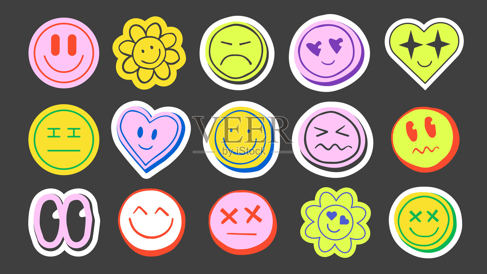 炫彩多彩的表情符号贴纸插画图片素材