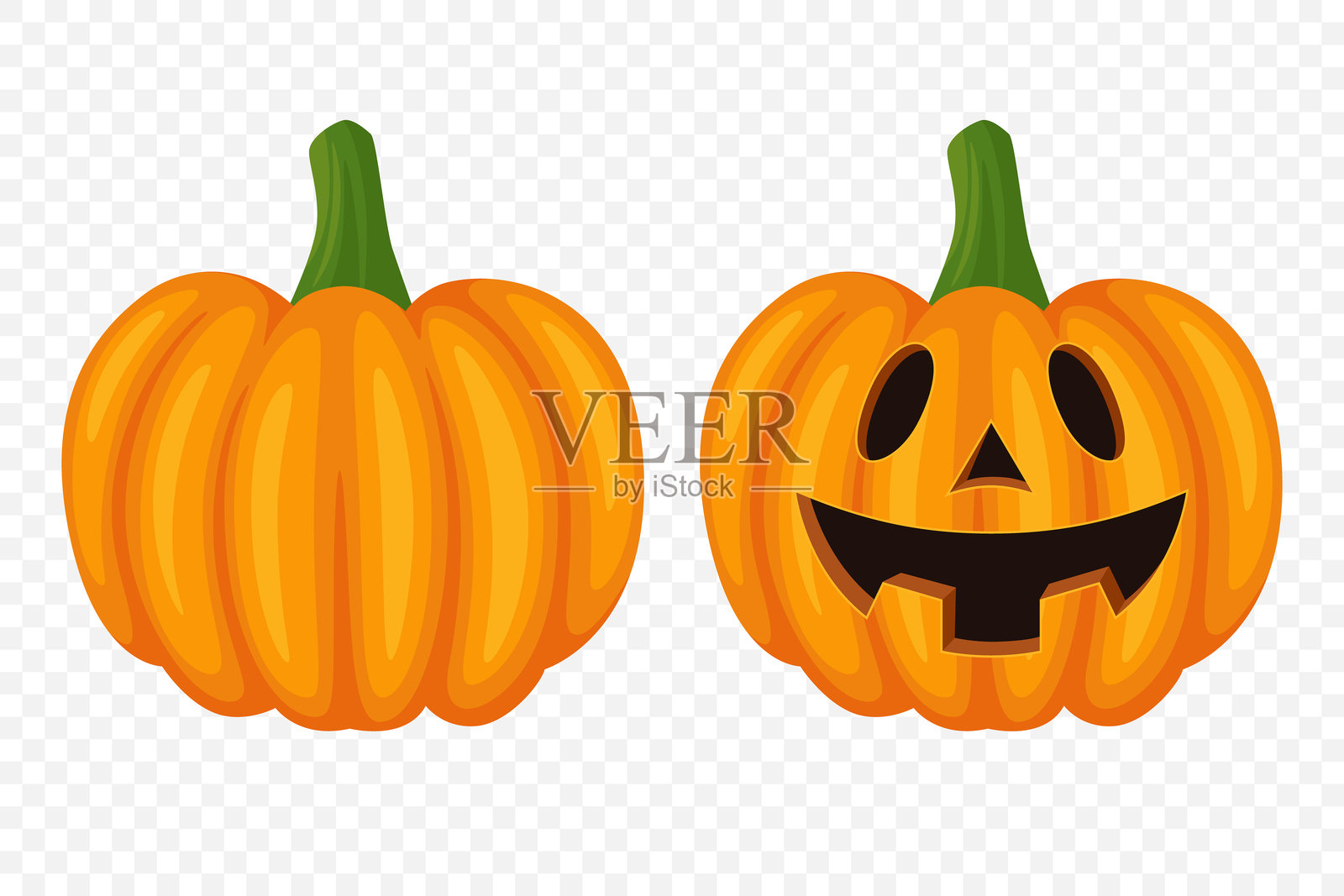 卡通南瓜矢量图集,带有雕刻面孔。彩色南瓜贴纸套装。万圣节、秋季、丰收的设计模板。可爱有趣的简单南瓜插图。插画图片素材