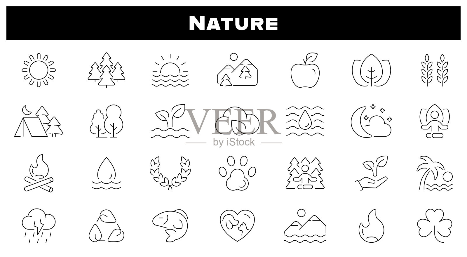 自然矢量轮廓图标集。野生动物和自然元素图标插画图片素材