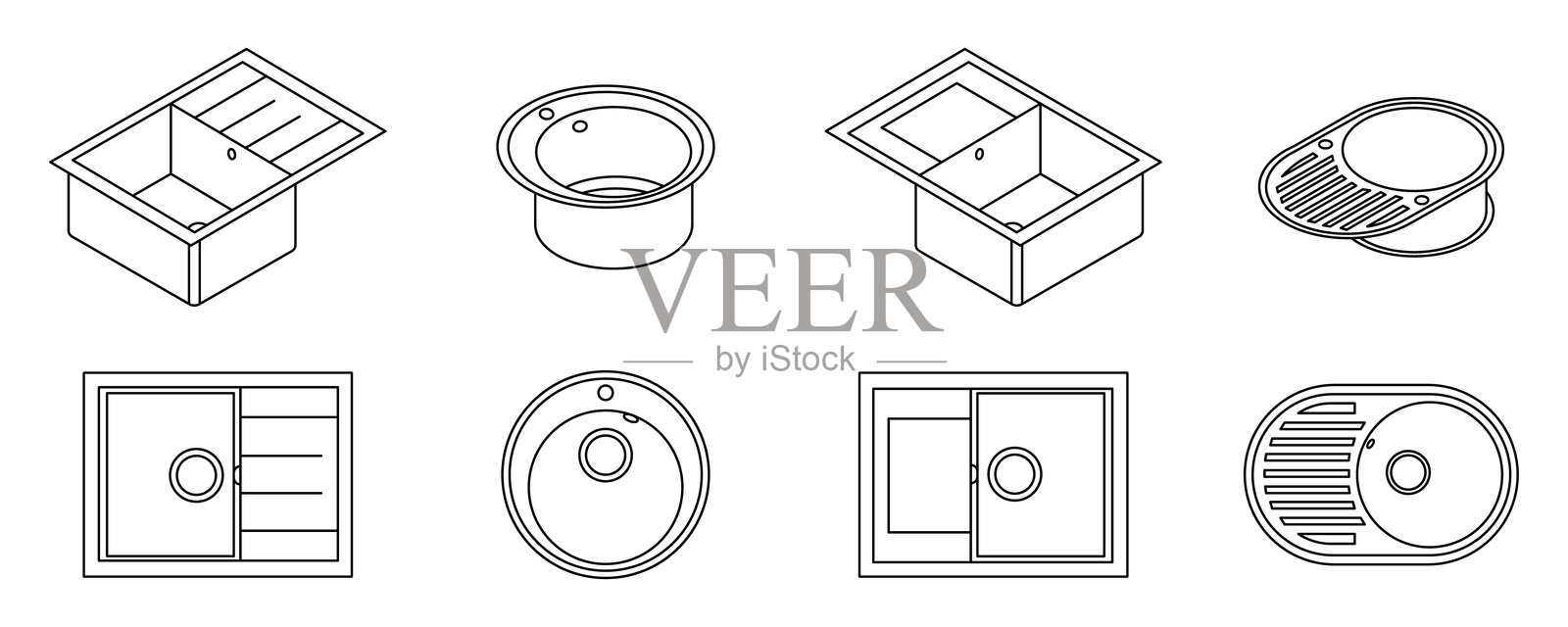 厨房水槽图标集。矢量插图插画图片素材