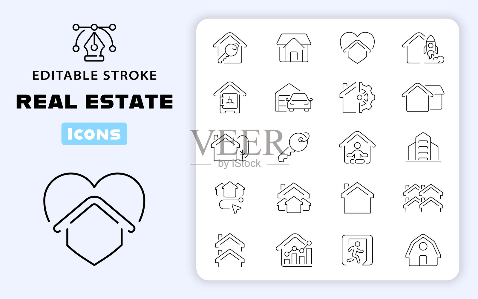 房地产矢量轮廓图标集。物业和住房图标集插画图片素材
