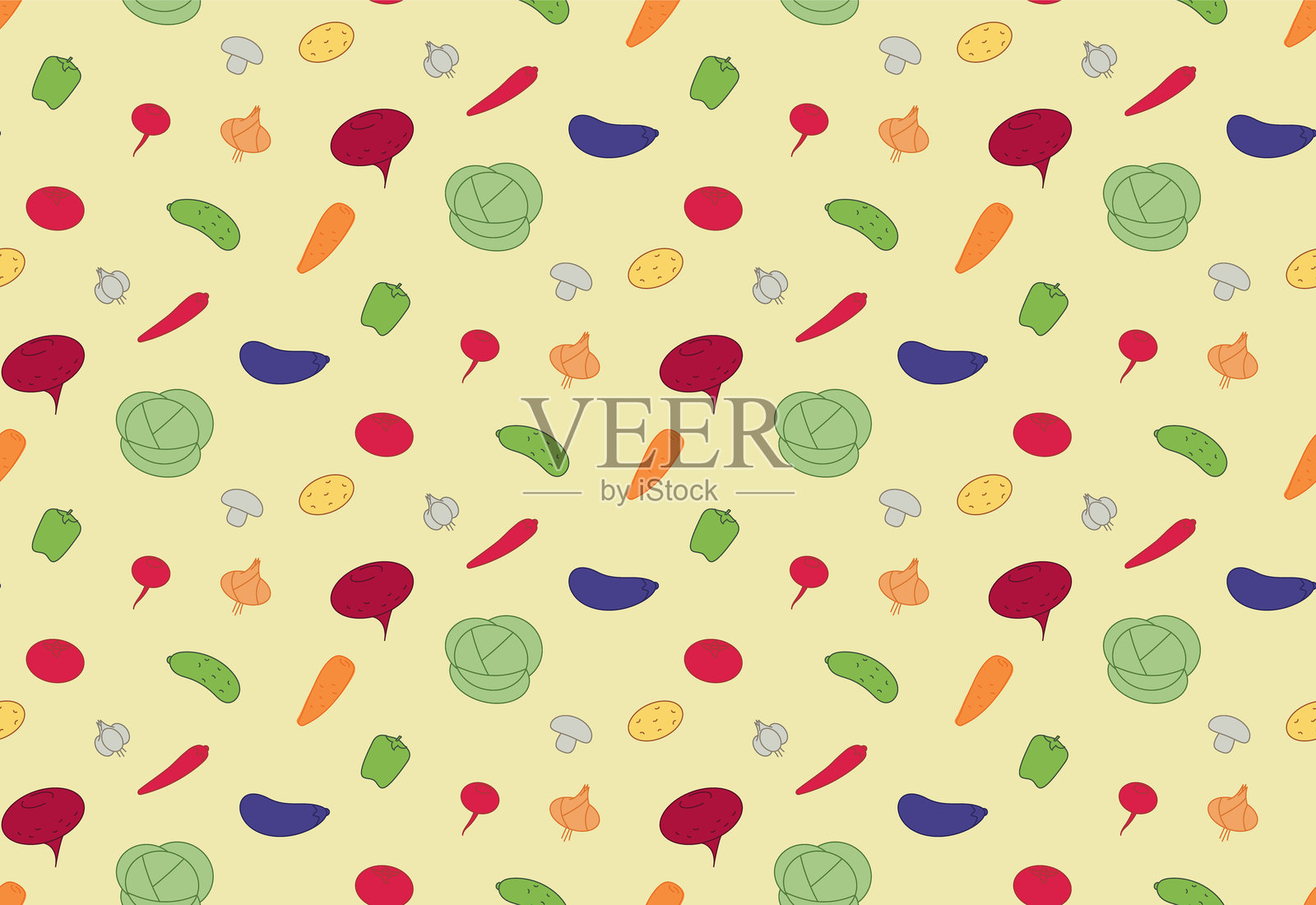 无缝蔬菜图案。一个充满趣味的烹饪背景,完美适合食品博客、菜单、包装或健康饮食插图。生动、新鲜且有机的设计。插画图片素材