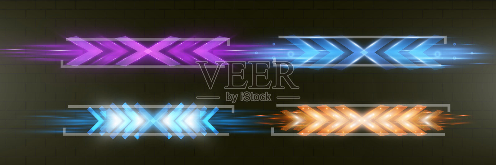 未来感的发光霓虹箭头,带有运动模糊效果,色彩各异,背景为黑色。插画图片素材