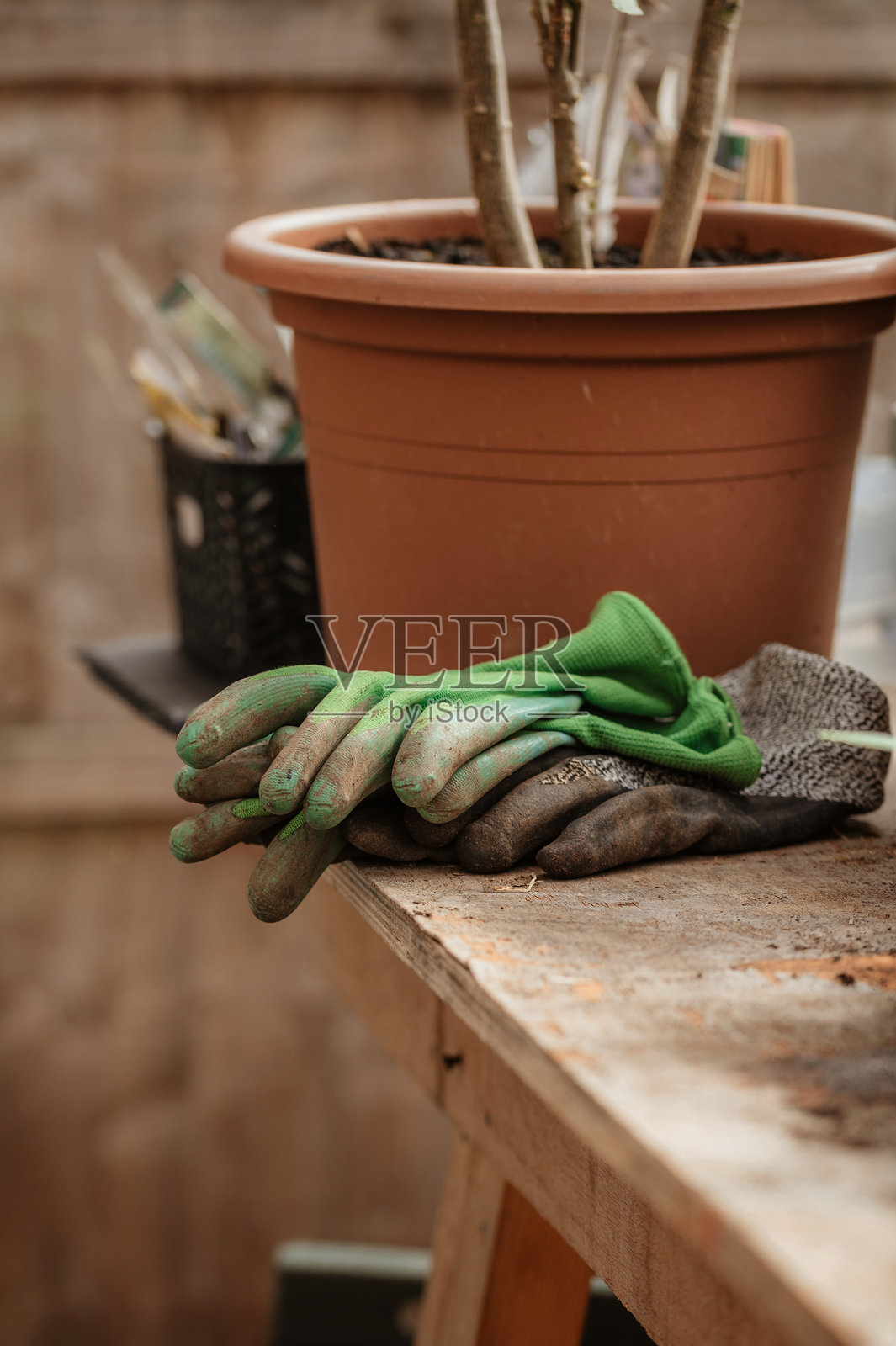 木桌上的园艺手套。照片摄影图片