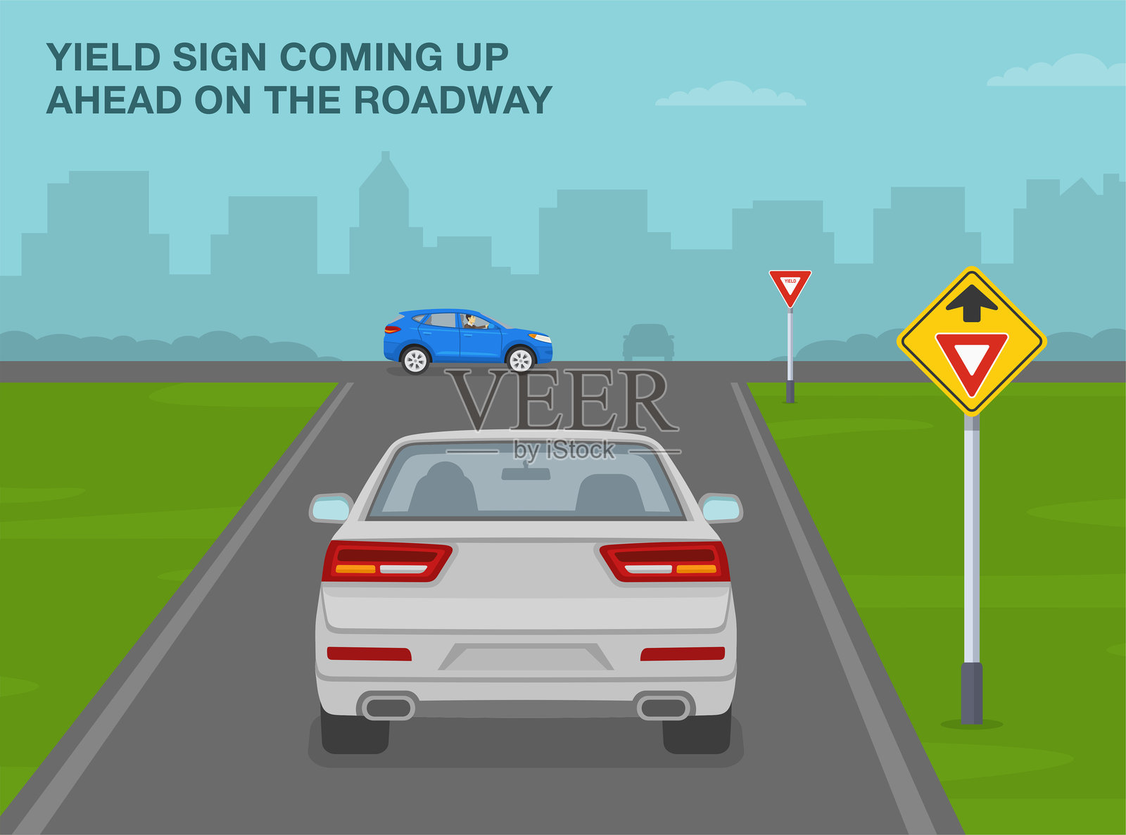 安全驾驶提示和交通规则。前方有让行标志。白色汽车从后方驶向带有“让行”标志的交叉口。矢量插图模板。插画图片素材