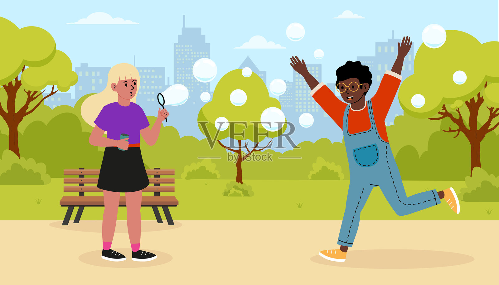 孩子们在阳光明媚的公园里愉快地玩耍,享受泡泡的乐趣。插画图片素材