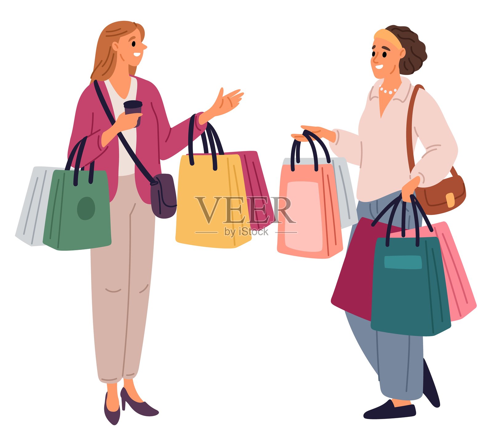 两个女性朋友手提购物袋。女性相遇。人们从商店提着手袋。女孩们互相问候。人们交流。快乐的顾客交谈。商店买家。矢量概念。插画图片素材