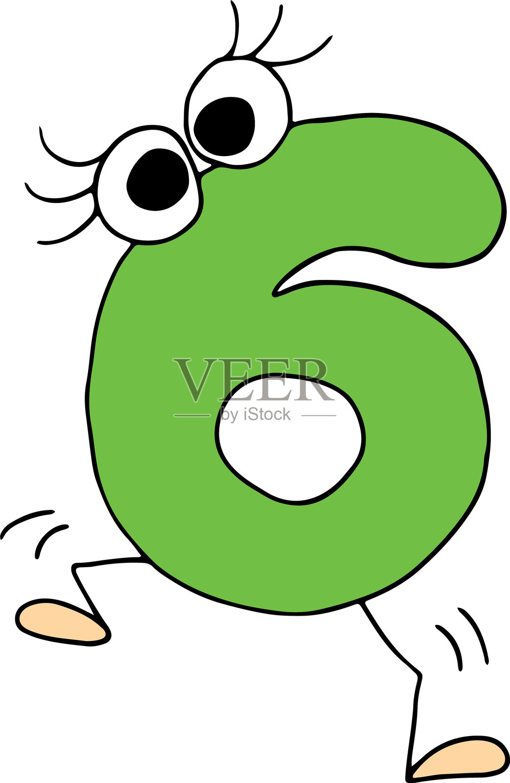 有趣的绿色数字六,黑色线条勾勒,带有睫毛的眼睛,搞笑地用两条腿跳跃,风格为粗犷。插画图片素材
