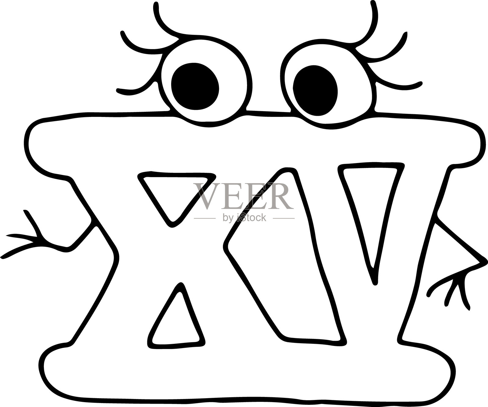 有趣的罗马数字十五,带有眼睛、睫毛和手,侧身看,手绘黑线风格,带有粗糙感。插画图片素材