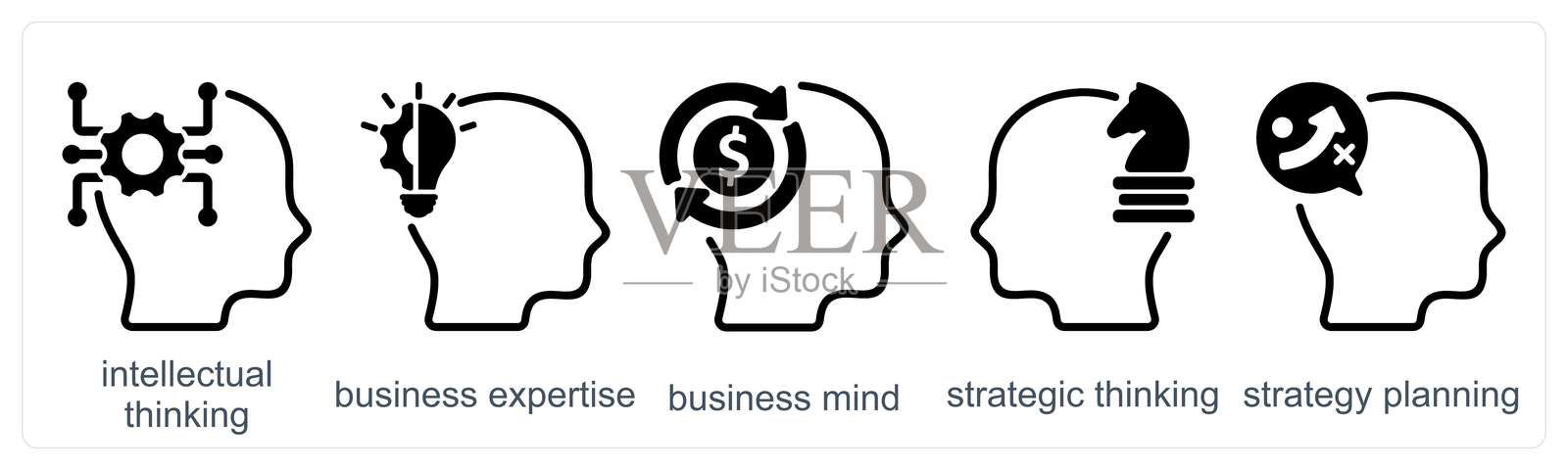 一组5个商业图标,代表智力思维、商业专长和商业头脑插画图片素材