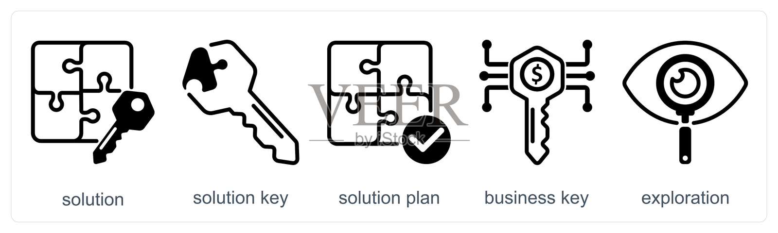 一组5个商业图标,代表解决方案、解决方案关键、解决方案计划插画图片素材
