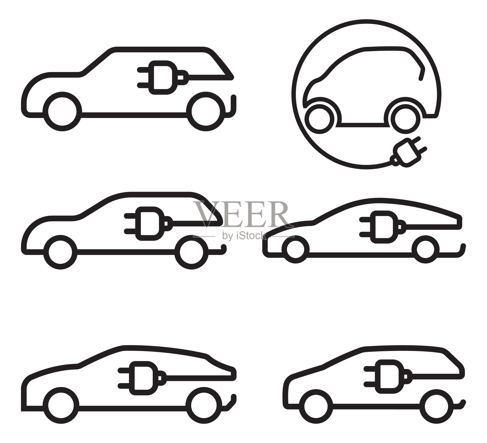 电动汽车充电图标,白色背景下的线条图标。插画图片素材
