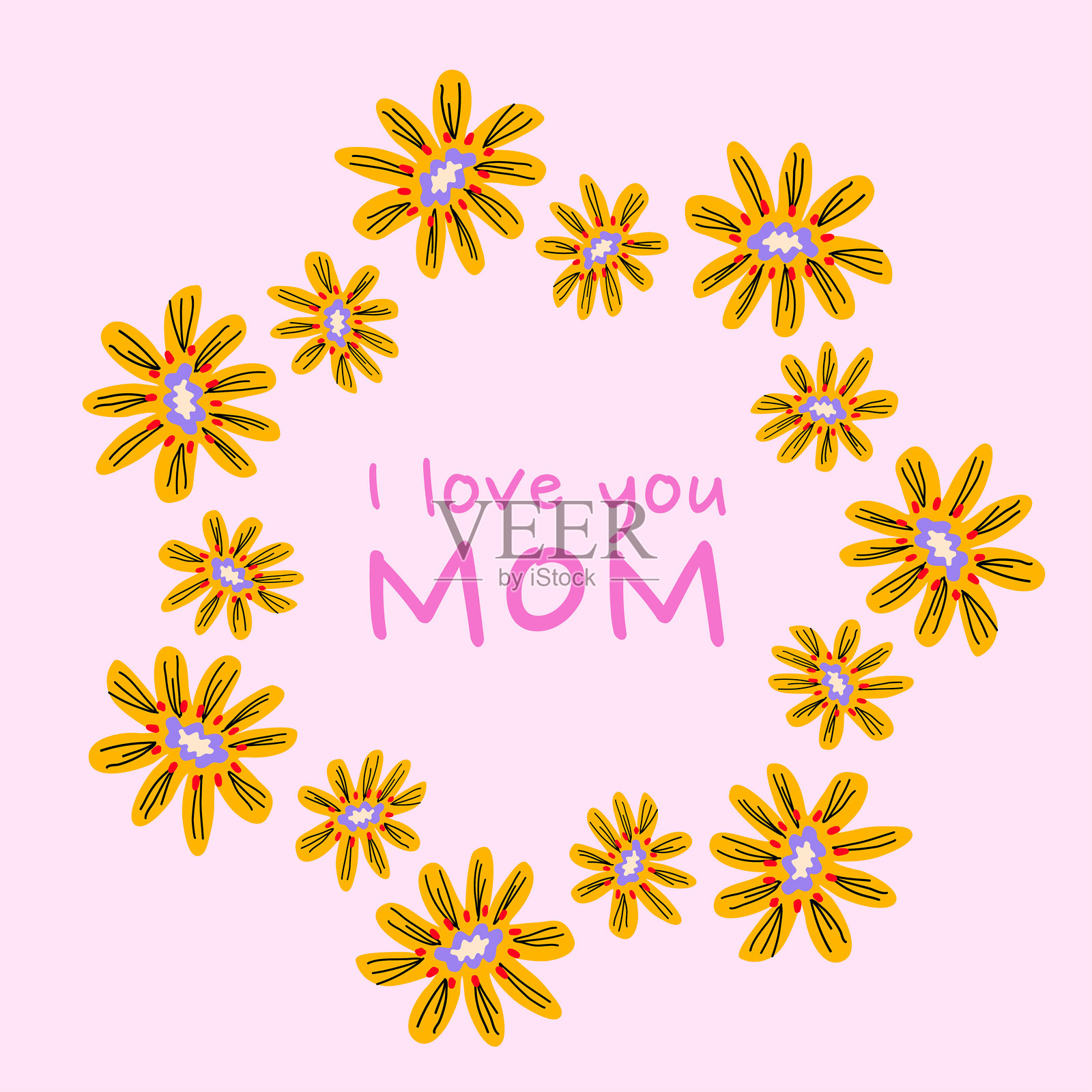 我爱你,妈妈 - 短语。母亲节庆祝活动。色彩丰富的大胆抽象花环。平面矢量插图。明信片、横幅、海报的设计模板。插画图片素材