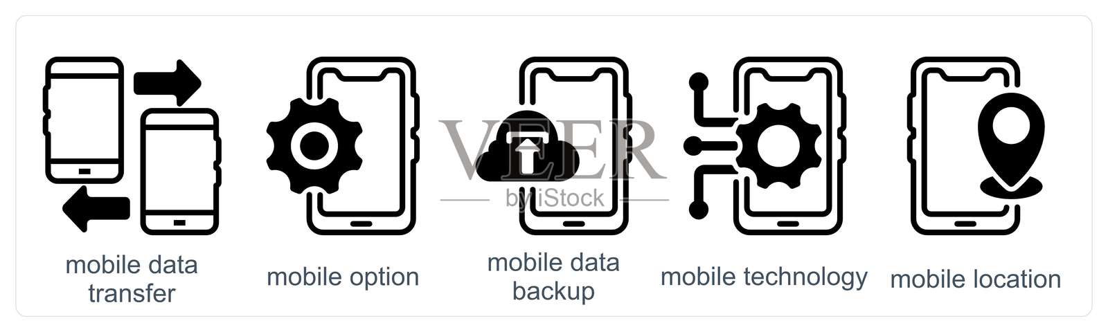 一组5个商业图标,包括移动数据传输、移动选项和移动数据备份插画图片素材