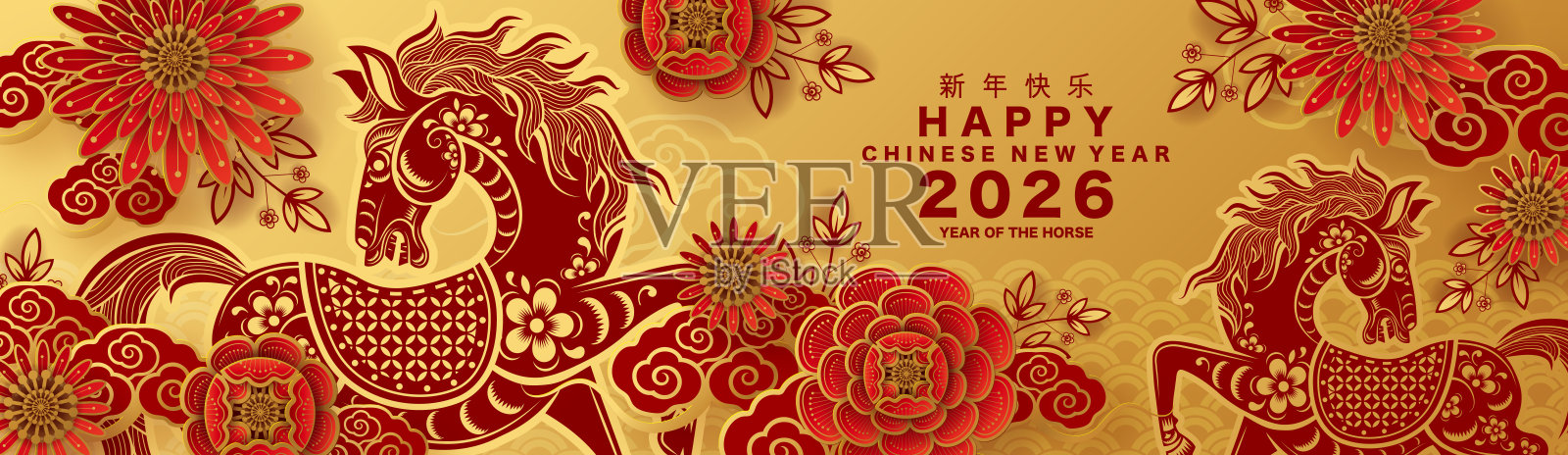 2026年快乐,马年,带有花朵、灯笼、亚洲元素的红色和金色剪纸风格背景。插画图片素材