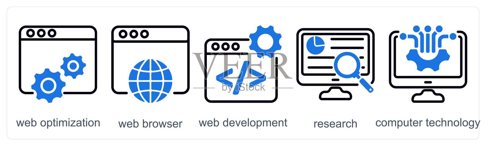 一组5个商业图标,代表网页优化、网页浏览器和网页开发插画图片素材