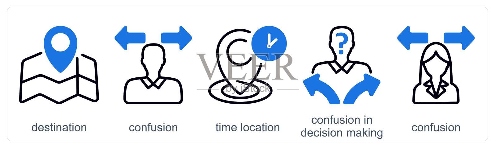 一组5个商业图标,表示目的地、困惑、时间和位置插画图片素材