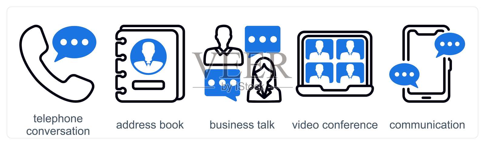 一组5个商务图标,包括电话交谈和地址簿插画图片素材