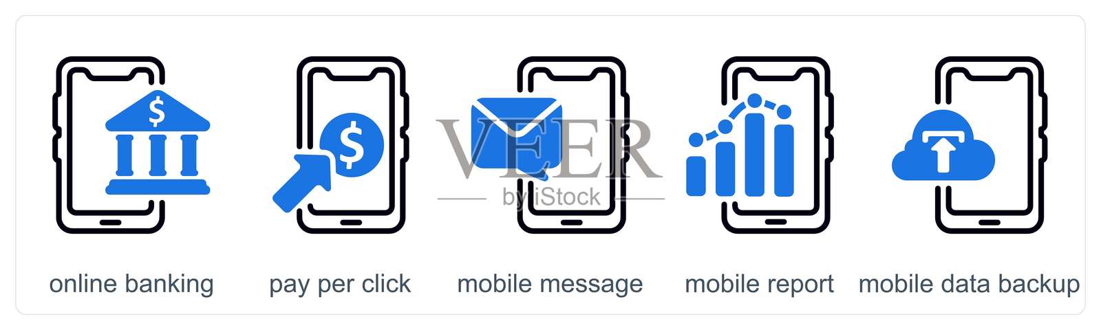 一组5个商业图标,包括在线银行、按点击付费、手机消息、手机报告插画图片素材