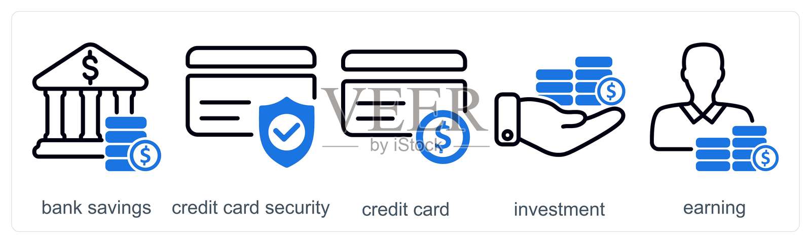 一组5个商业图标,包括银行储蓄、信用卡安全和信用卡插画图片素材