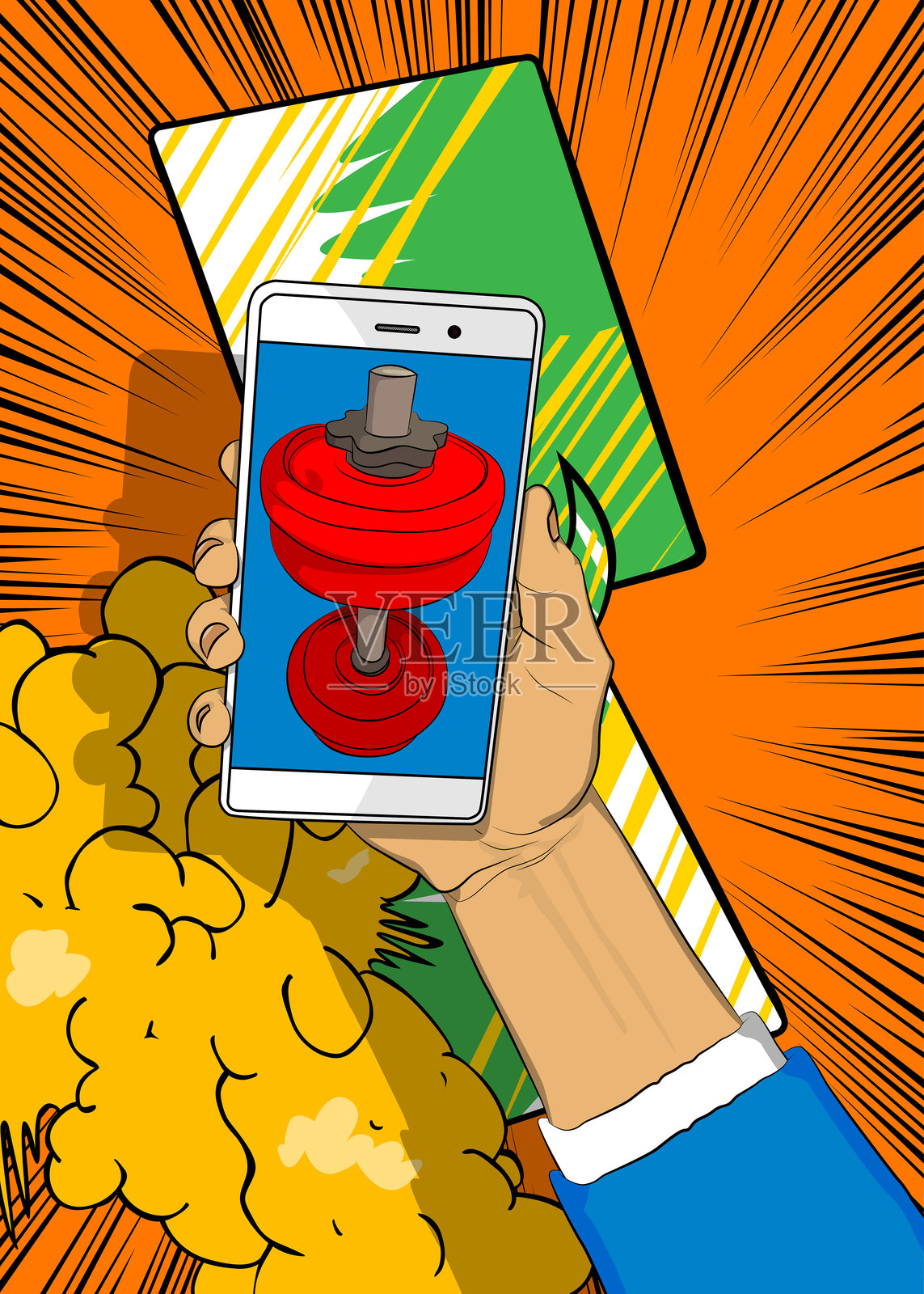 卡通智能手机,漫画书电话与哑铃。复古矢量漫画流行艺术设计。插画图片素材