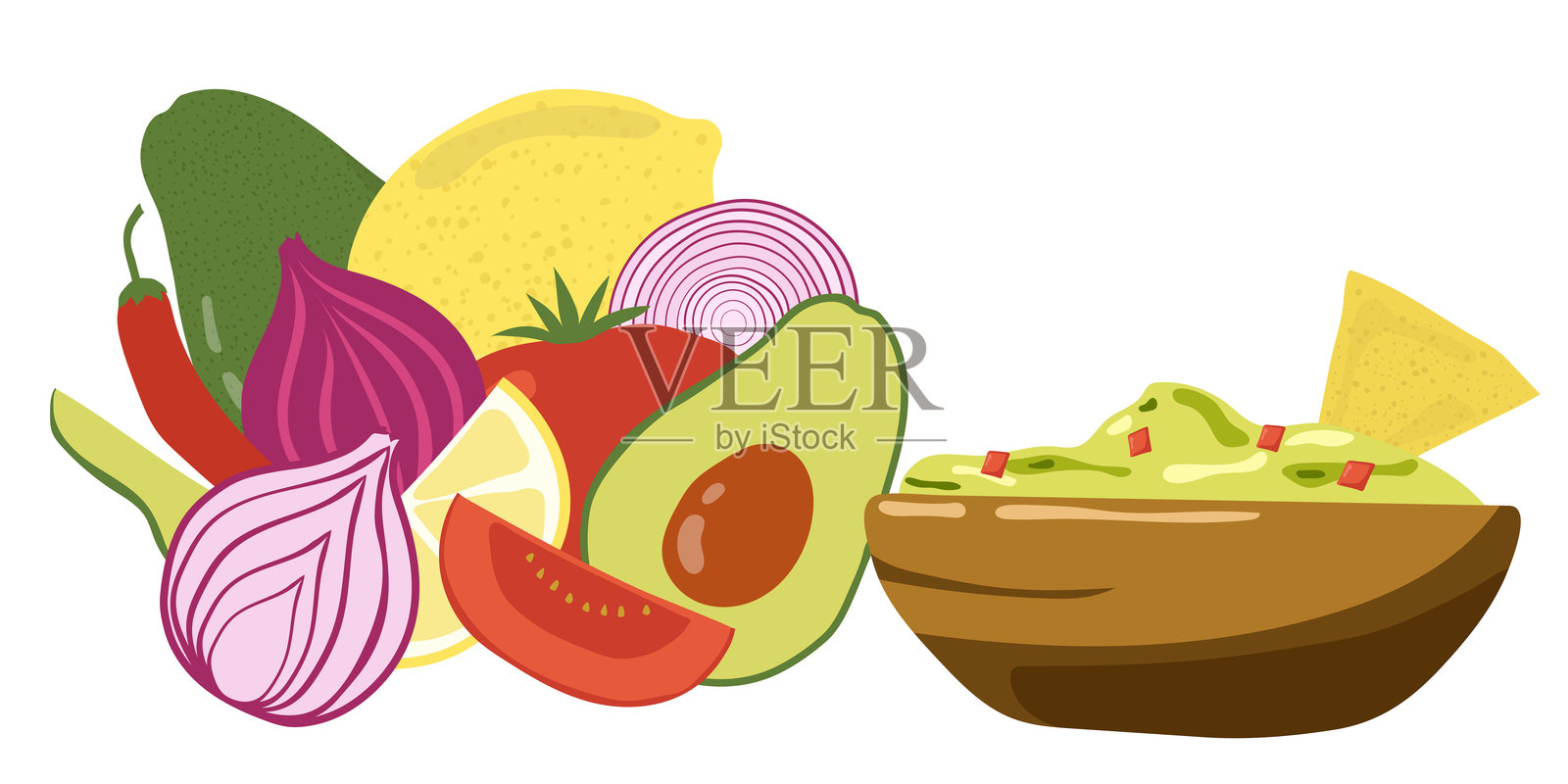 碗中的鳄梨酱和配料。健康有机食品概念与蔬菜。手绘插图。插画图片素材
