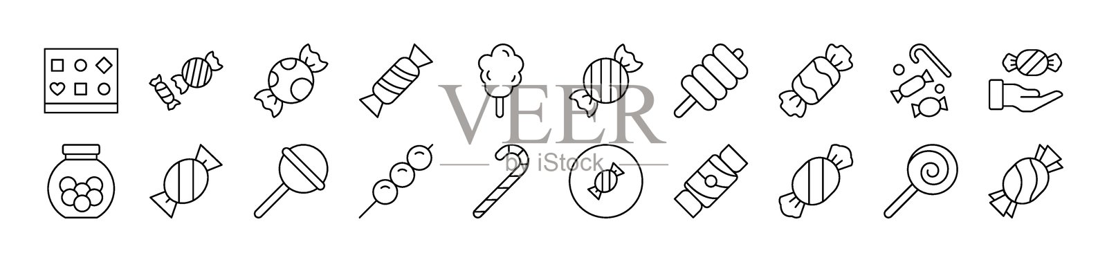 糖果相关图像集合。可编辑的线条。非常适合信息图表、文章、书籍、传单、横幅。插画图片素材