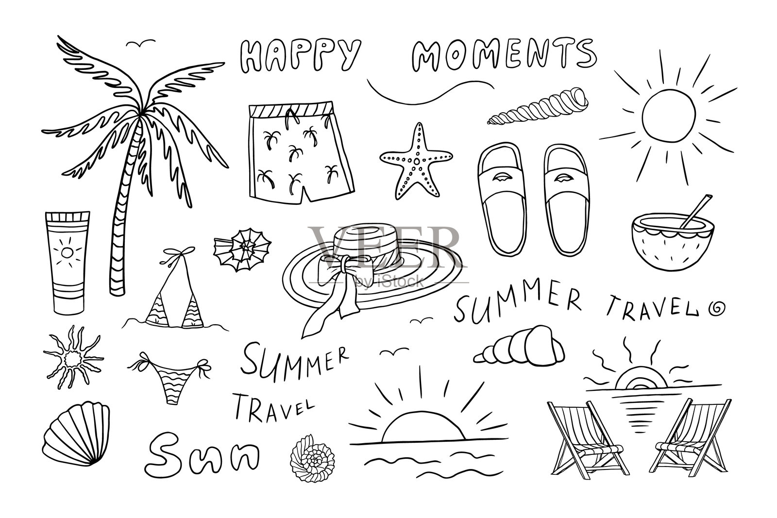 一大套夏季主题元素。棕榈树、太阳、贝壳、帽子、拖鞋、沙滩椅、泳衣。旅行设计。冒险。手绘。插画图片素材