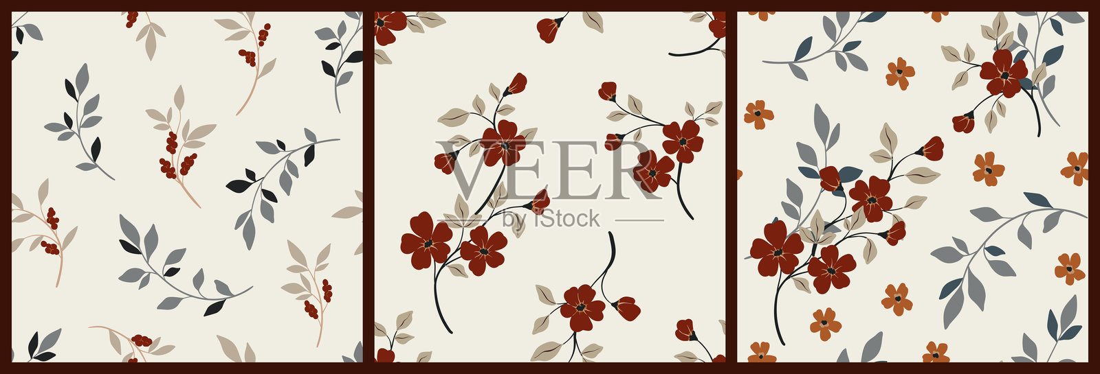 无缝花卉图案,自由小花印花系列,包含小型手绘花朵、叶子和简单花束。矢量插图。插画图片素材