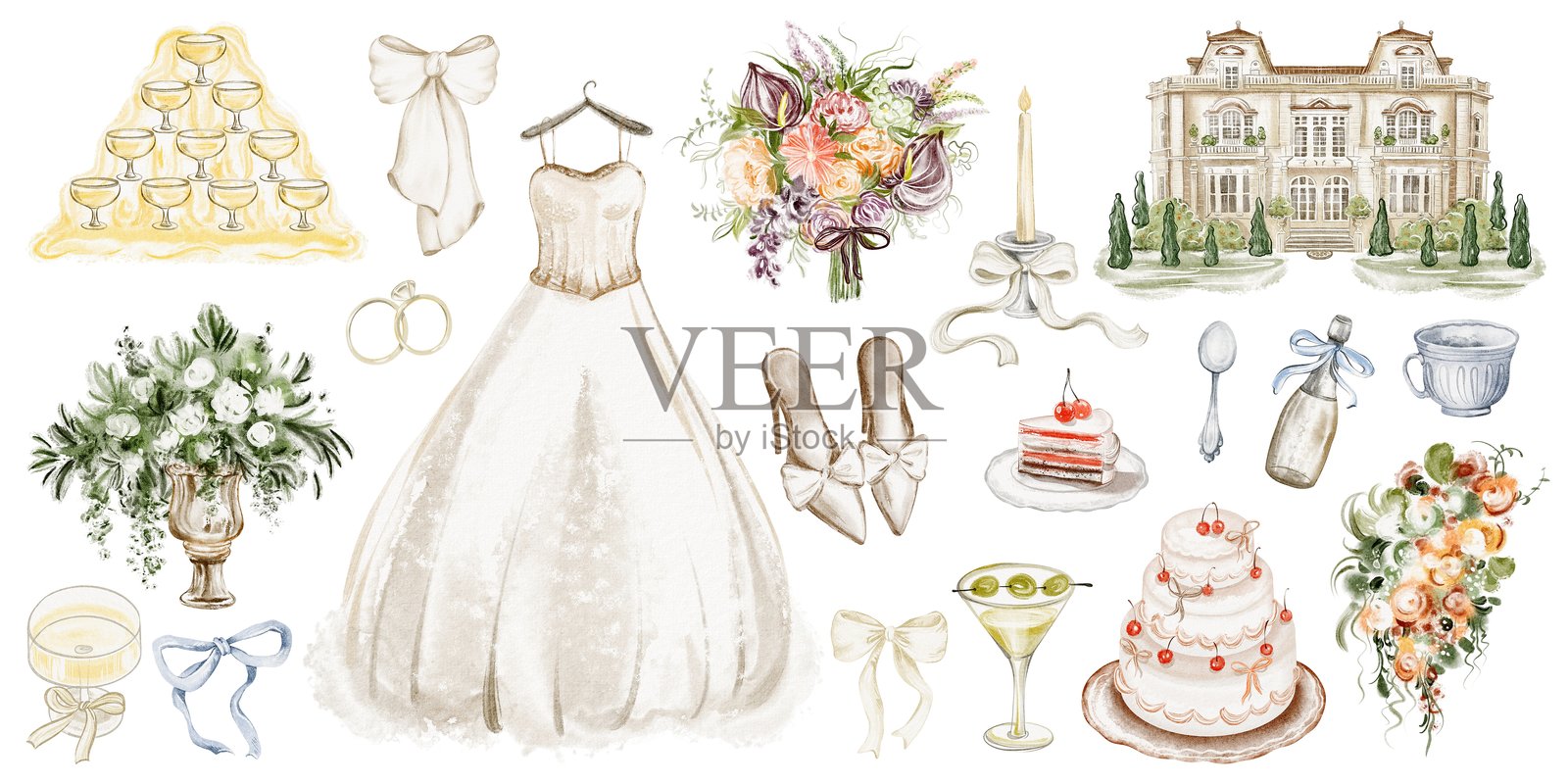 婚礼元素的水彩插图套装插画图片素材