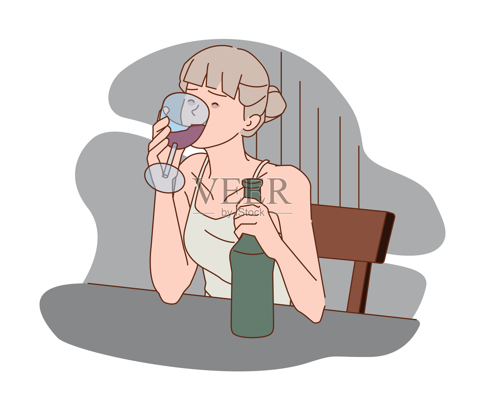 女人在桌子旁喝酒。矢量插图插画图片素材