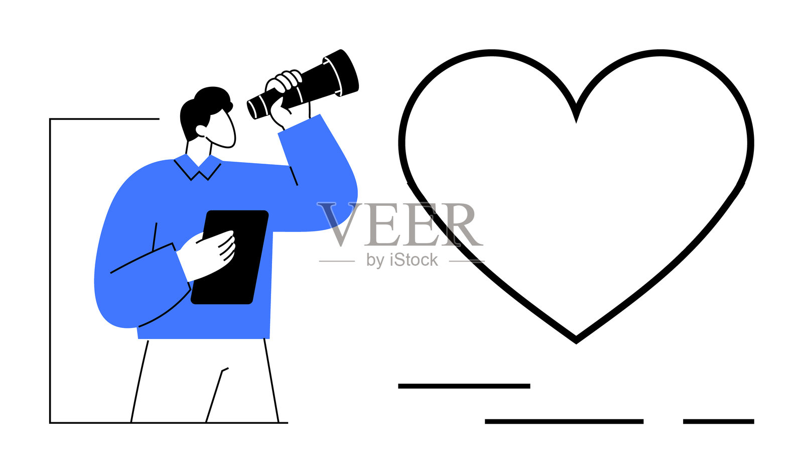 手持望远镜和平板电脑的男子凝视心形,象征着爱与探索插画图片素材
