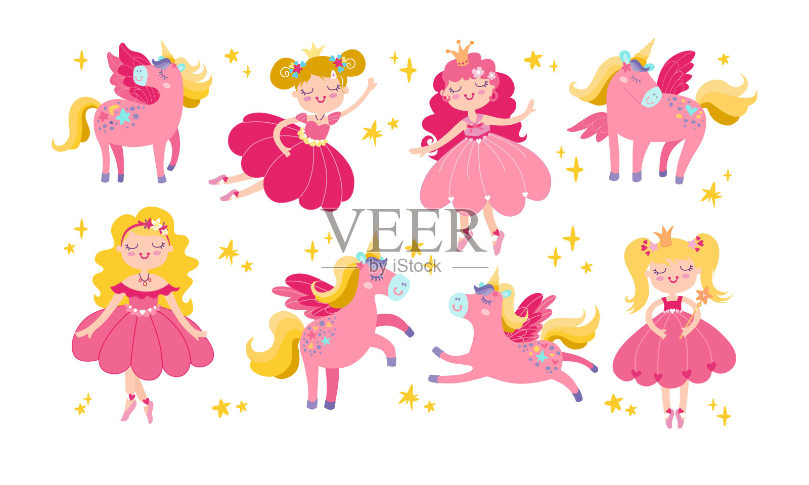 儿童套装,包含可爱的仙女和粉色独角兽。矢量插图平面集合,孤立的魔法元素。插画图片素材