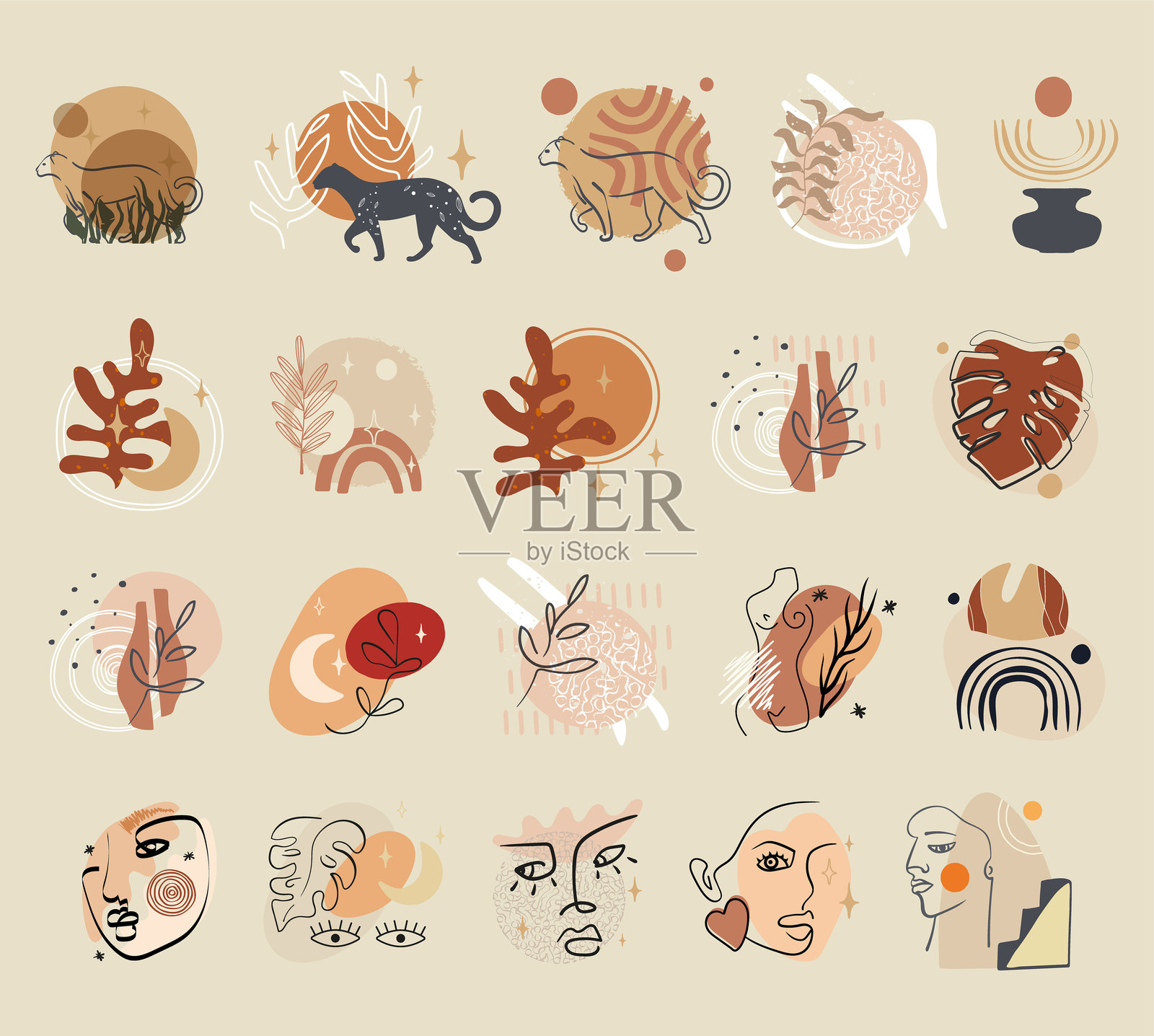 手绘各种形状和物体的集合。抽象当代自然矢量元素合集插画图片素材