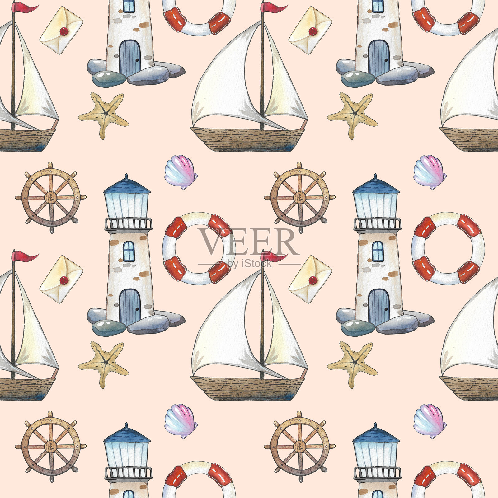 一座海洋灯塔,旁边有一艘渔船、一个救生圈、一只锚和一个船舵。水彩插图。插画图片素材