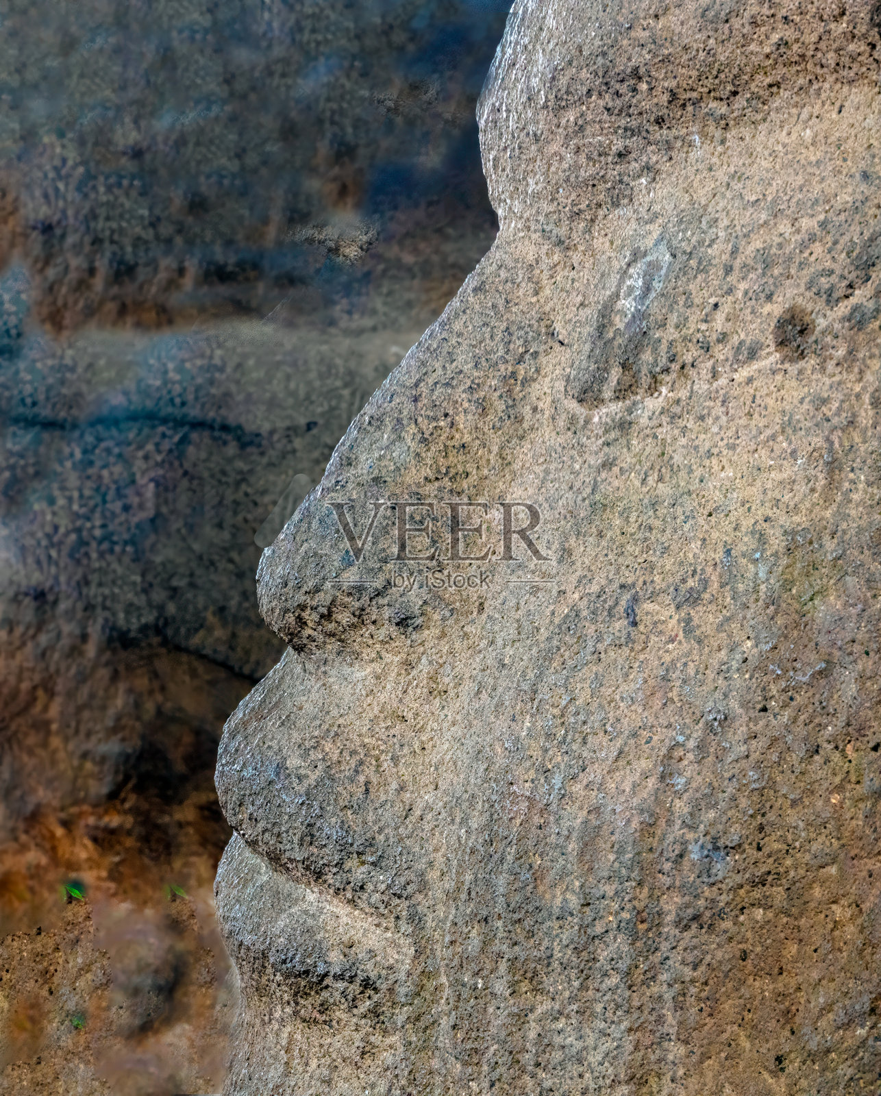 古代奥尔梅克遗址中提取的巨大头部岩石雕塑的特写,位于危地马拉太平洋沿岸。照片摄影图片