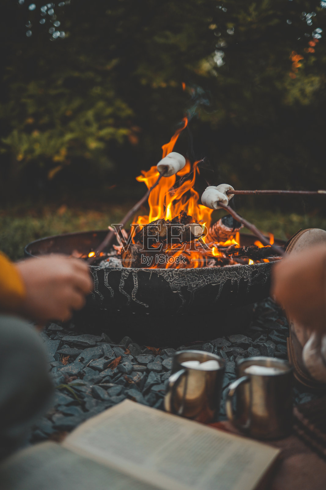 一群人在篝火上烤棉花糖,手里拿着插着棉花糖的棍子,靠近明亮的火焰。他们手中还拿着热饮和棉花糖。温馨的户外时刻。照片摄影图片