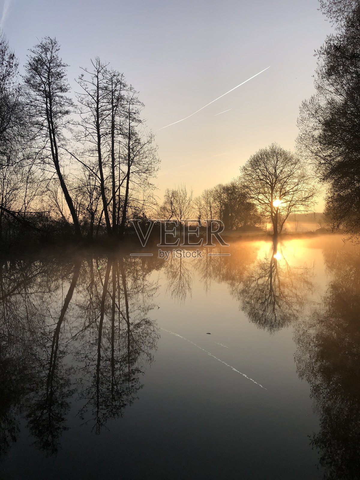 法国萨尔特省的奥尔恩河上空金色的日出,冬季的树木环绕。照片摄影图片