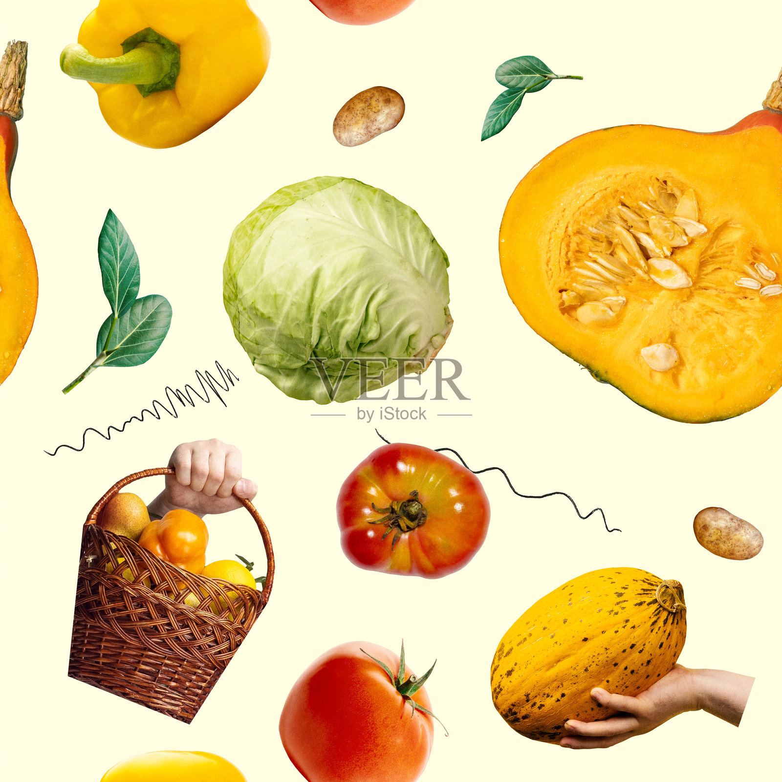 无缝图案,包含卷心菜、南瓜、西红柿、篮子和蔬菜,背景为淡黄色。纹理。有机农业的概念。照片摄影图片