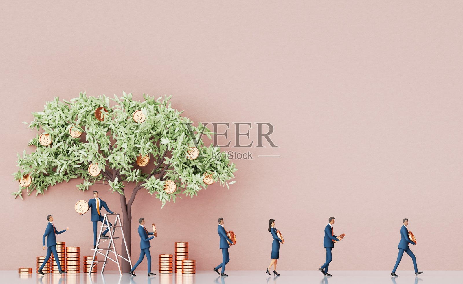 商人们从摇钱树上收集金币。3D渲染图照片摄影图片