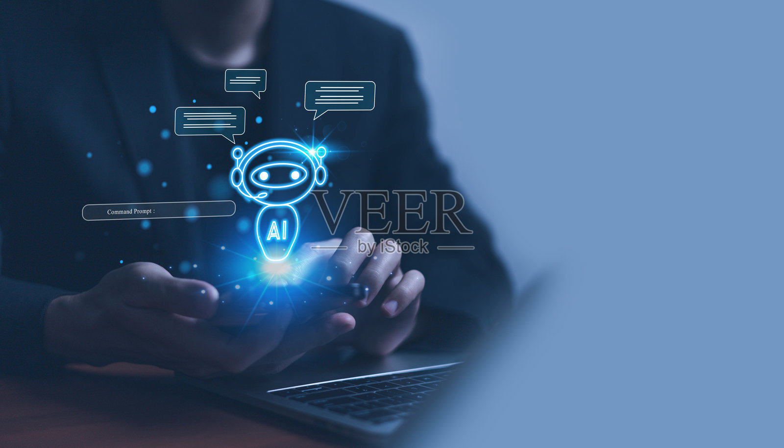 利用人工智能聊天进行搜索和提供帮助,以促进商业发展,创造与机器人相关的新数字软件计算机概念。照片摄影图片