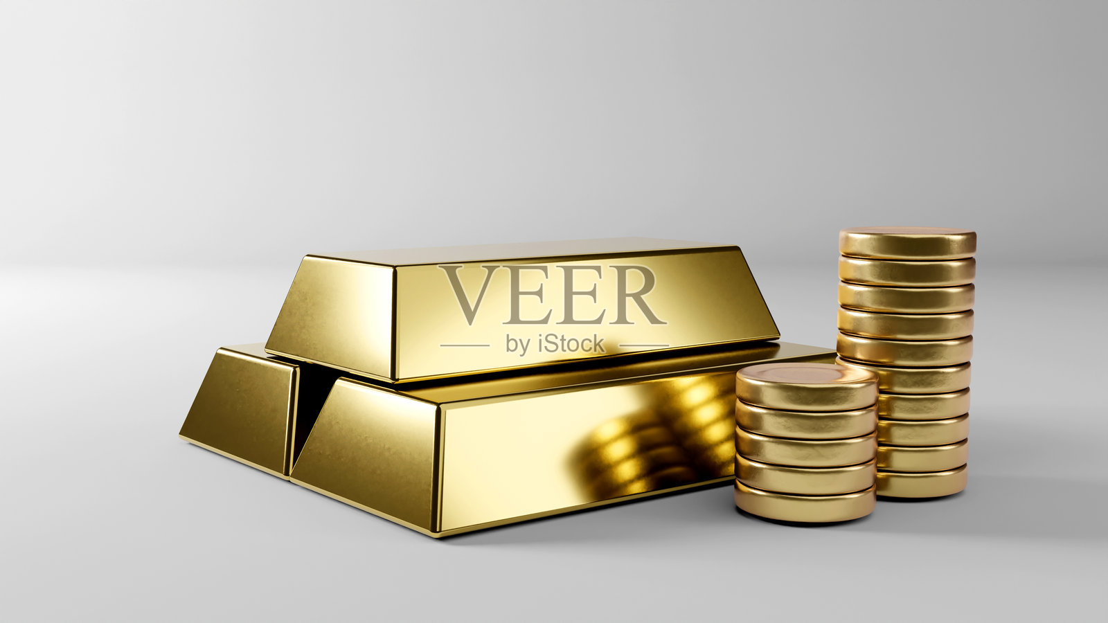 闪亮的金条和金币,留白空间,3D渲染照片摄影图片