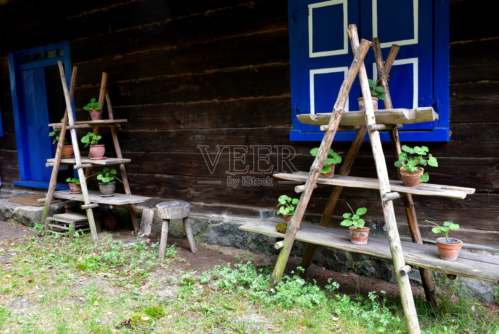 在阳光明媚的夏日,波兰一座木屋旁边,两个木制架子特写,架子上放着用木板制成的货架和花盆。照片摄影图片