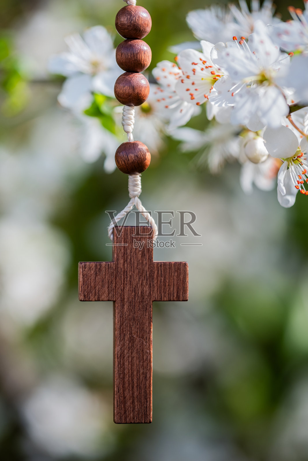盛开的树上挂着木十字架吊坠照片摄影图片
