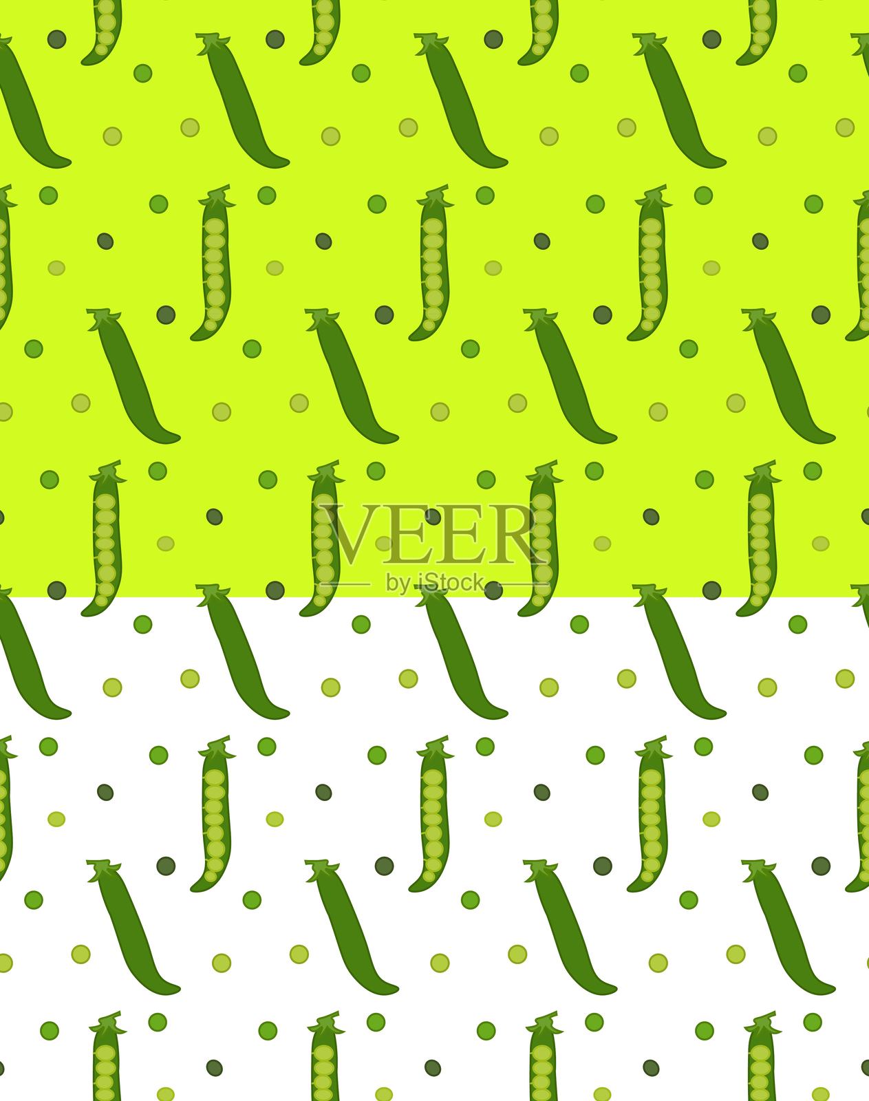 新鲜甜美有机绿豌豆的无缝矢量图案。美味蔬菜成分的背景。适用于面料印刷、厨房纺织品、菜单封面的彩色平面矢量插图。插画图片素材